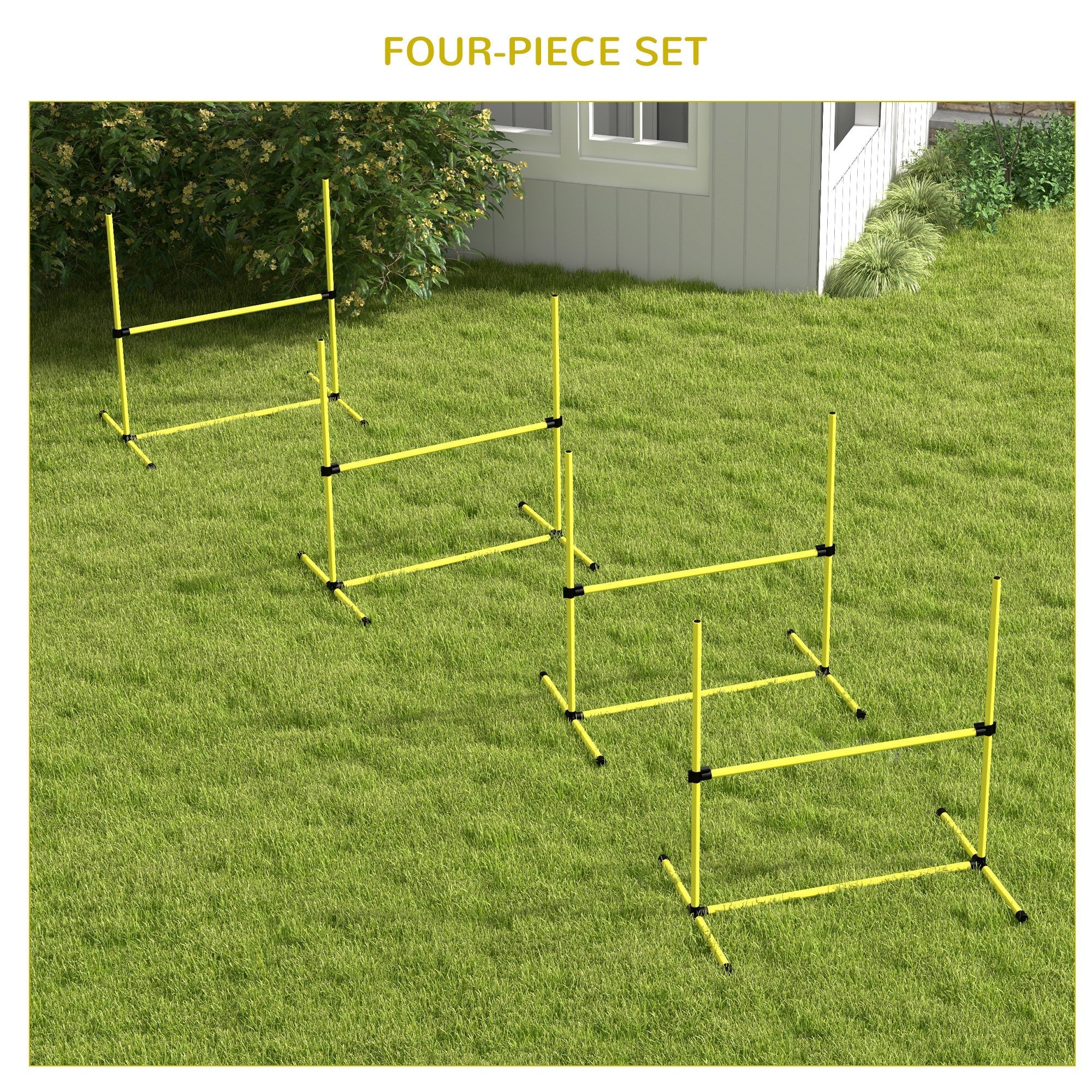 Yellow plastic pawhut dog agility hurdles in a row on grass with adjustable height and free standing design with carry bag