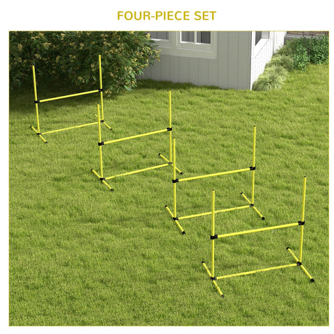 Yellow plastic pawhut dog agility hurdles in a row on grass with adjustable height and free standing design with carry bag