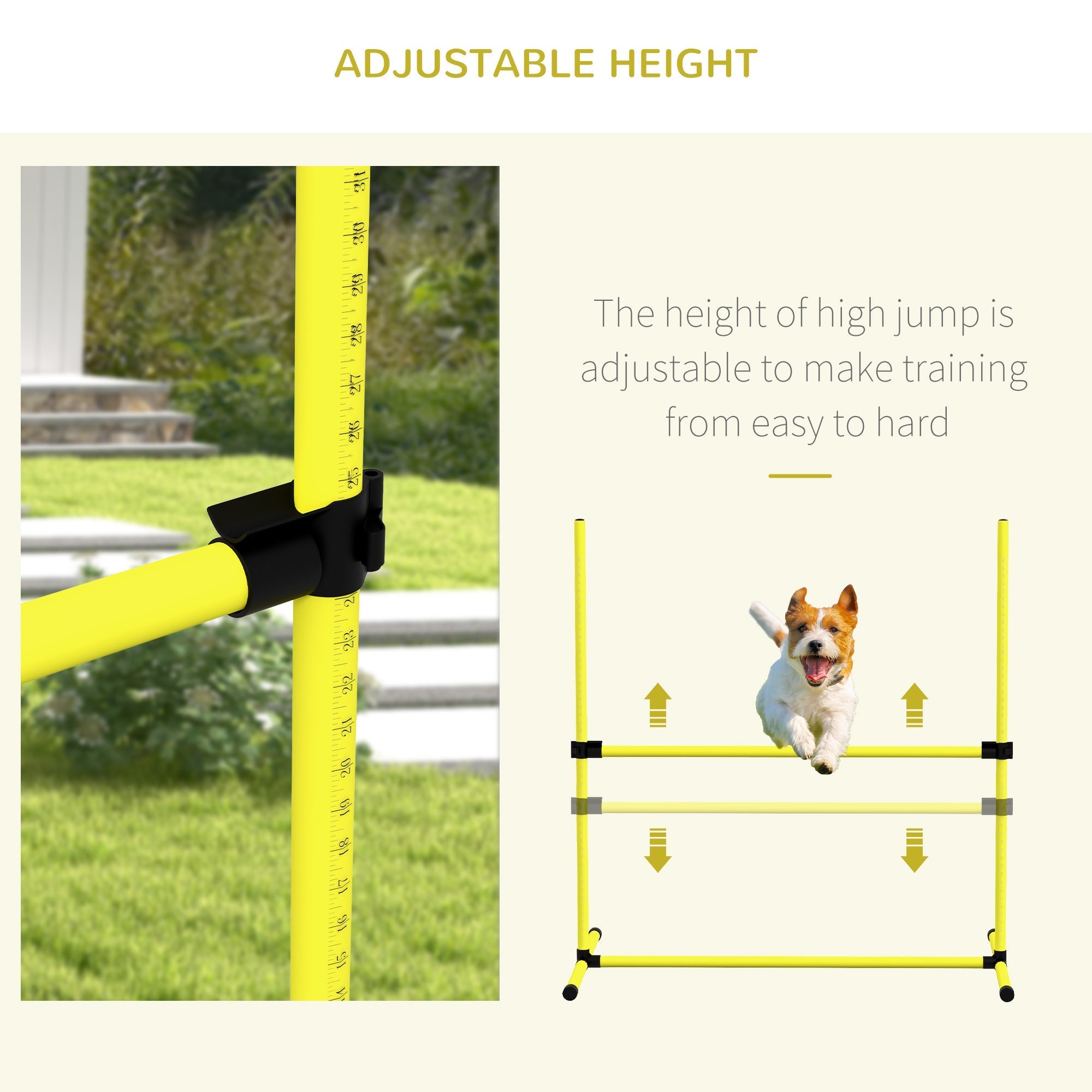 Bright yellow pawhut dog agility adjustable jump with black connectors measurement markings and free standing carry bag
