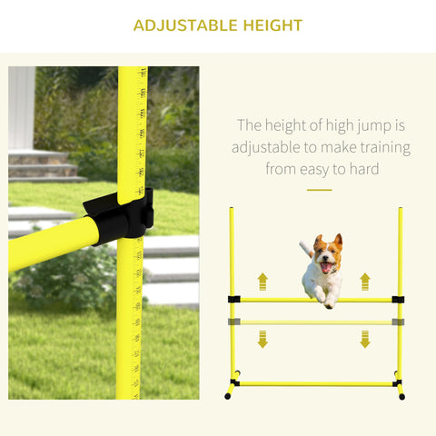Bright yellow pawhut dog agility adjustable jump with black connectors measurement markings and free standing carry bag