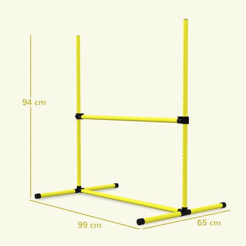 Bright yellow pawhut adjustable height dog agility hurdle with black connectors free standing and includes carry bag