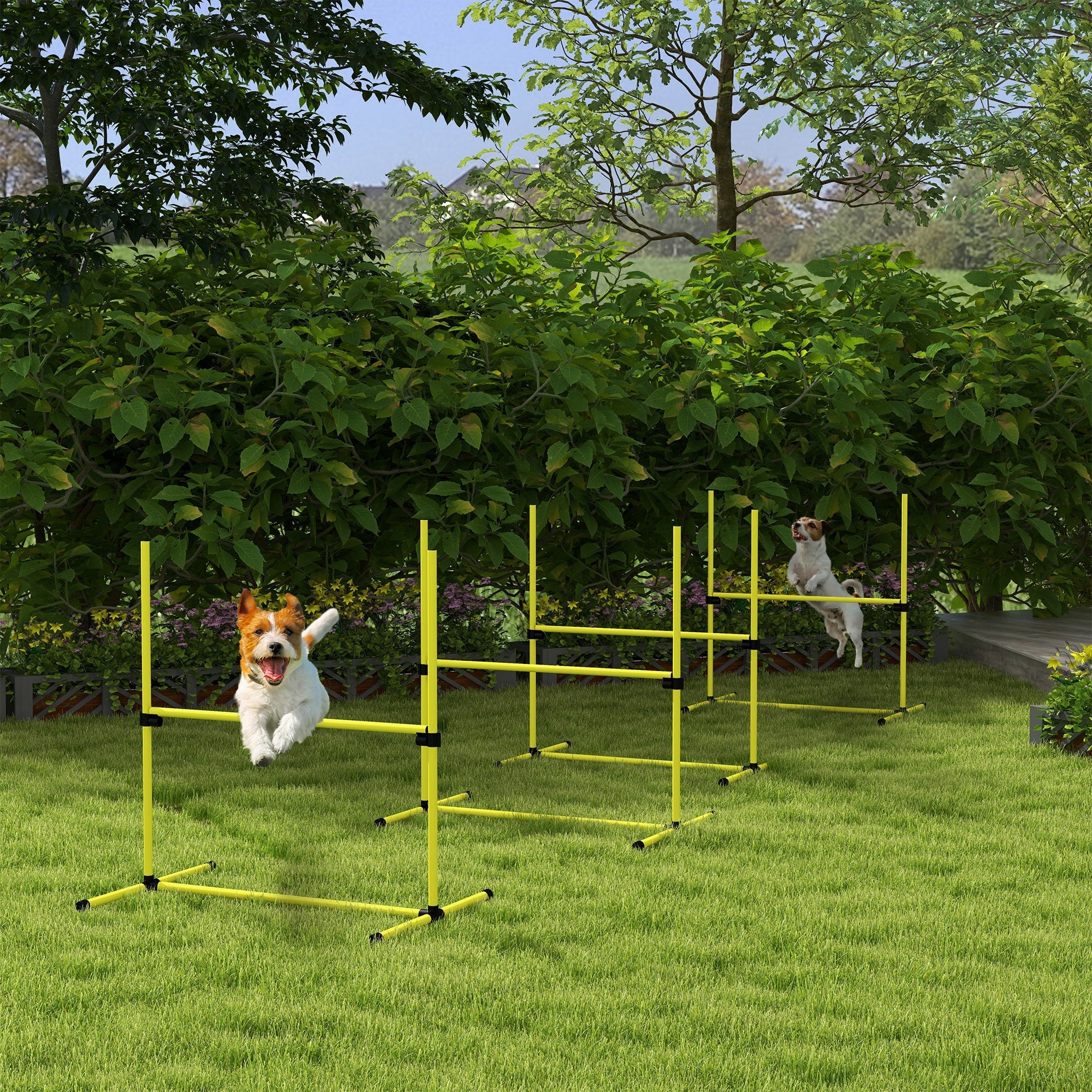 Bright yellow pawhut dog agility hurdles with black connectors adjustable height and free standing with carry bag