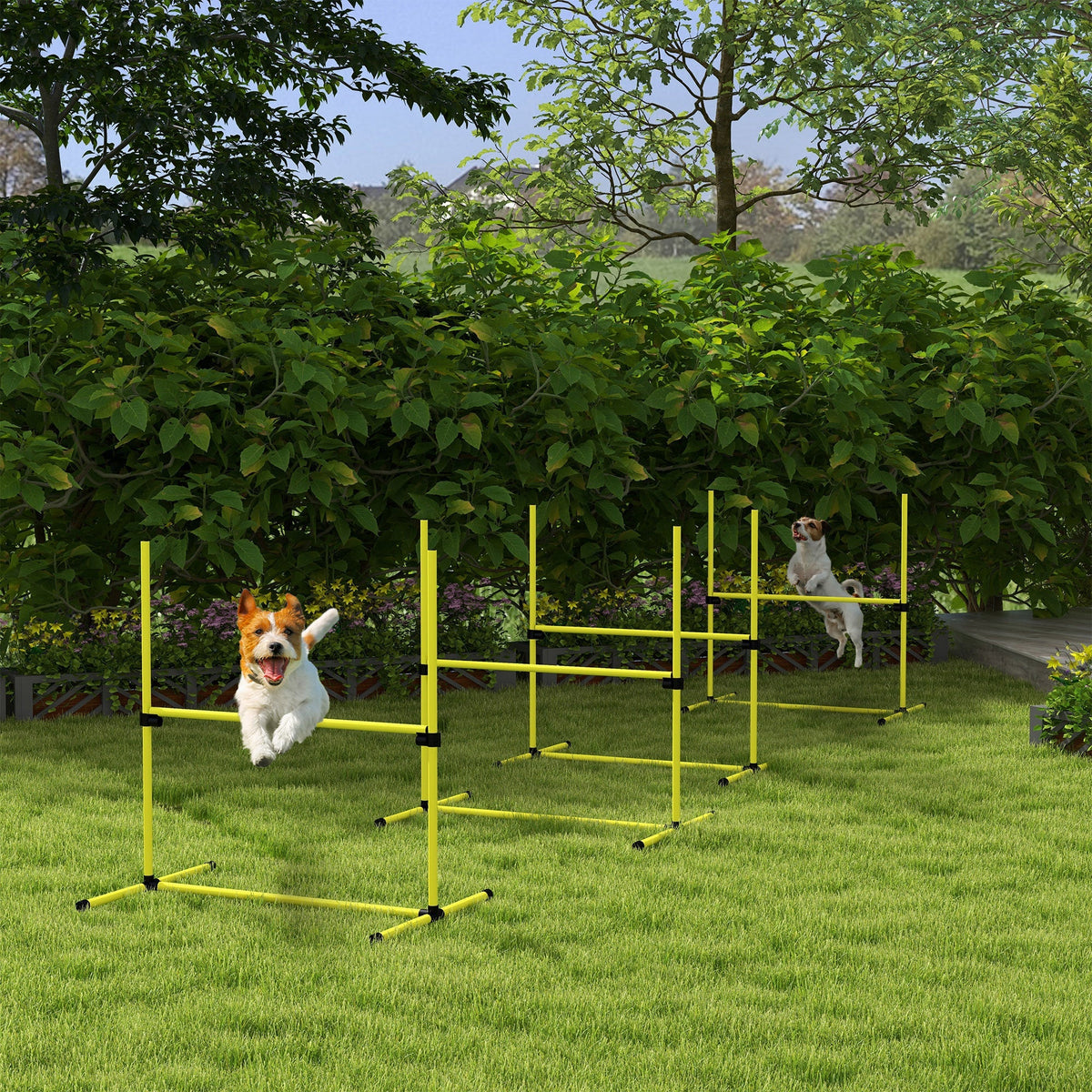 Bright yellow pawhut dog agility hurdles with black connectors adjustable height and free standing with carry bag