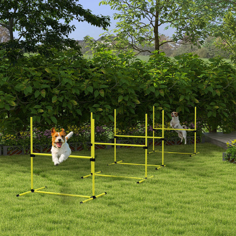 Bright yellow pawhut dog agility hurdles with black connectors adjustable height and free standing with carry bag