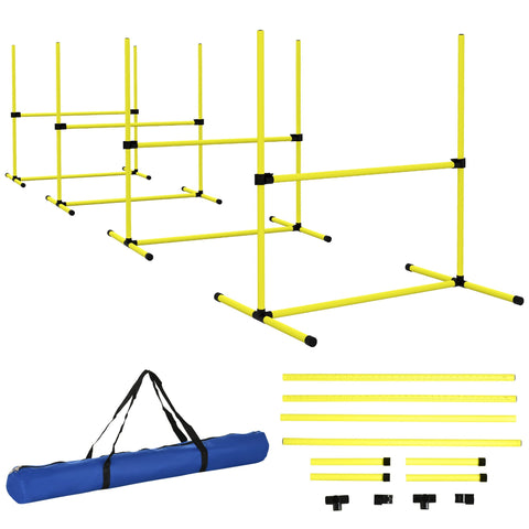 Yellow plastic adjustable height dog agility hurdles with black connectors and blue carry bag for outdoor use