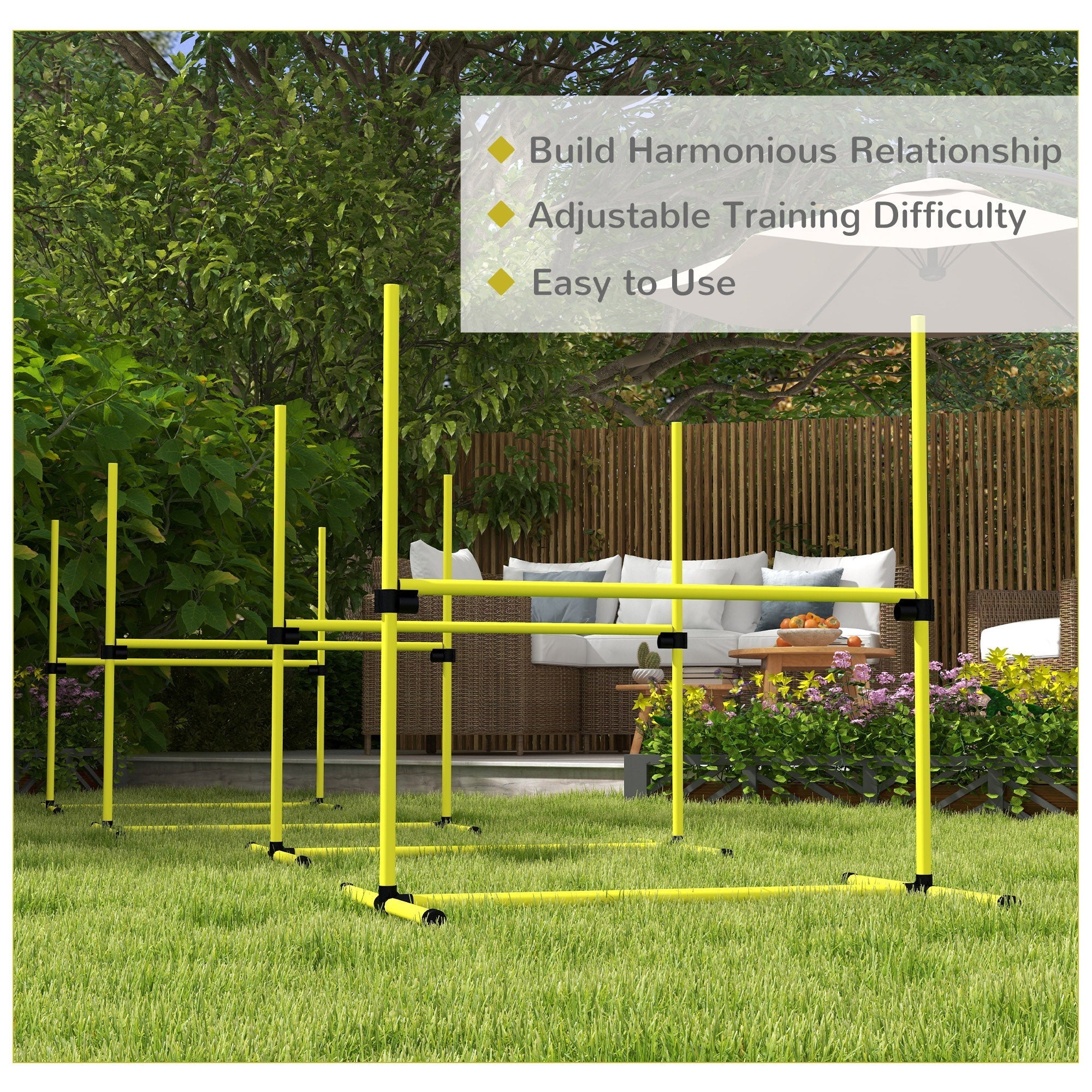 Bright yellow pawhut dog agility hurdle set with adjustable height free standing design and carry bag for outdoor use