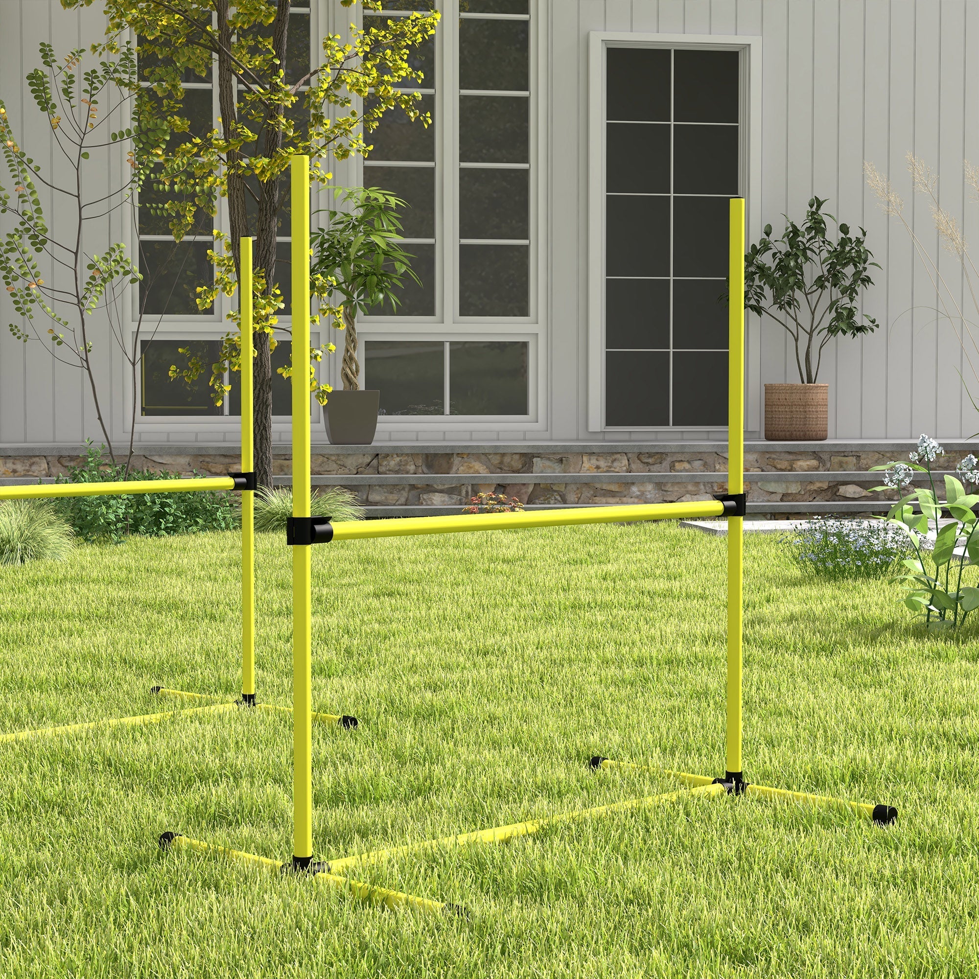 Bright yellow pawhut dog agility hurdles set with black connectors free standing and includes carry bag for easy transport