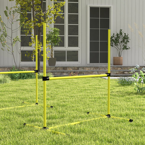 Bright yellow pawhut dog agility hurdles set with black connectors free standing and includes carry bag for easy transport