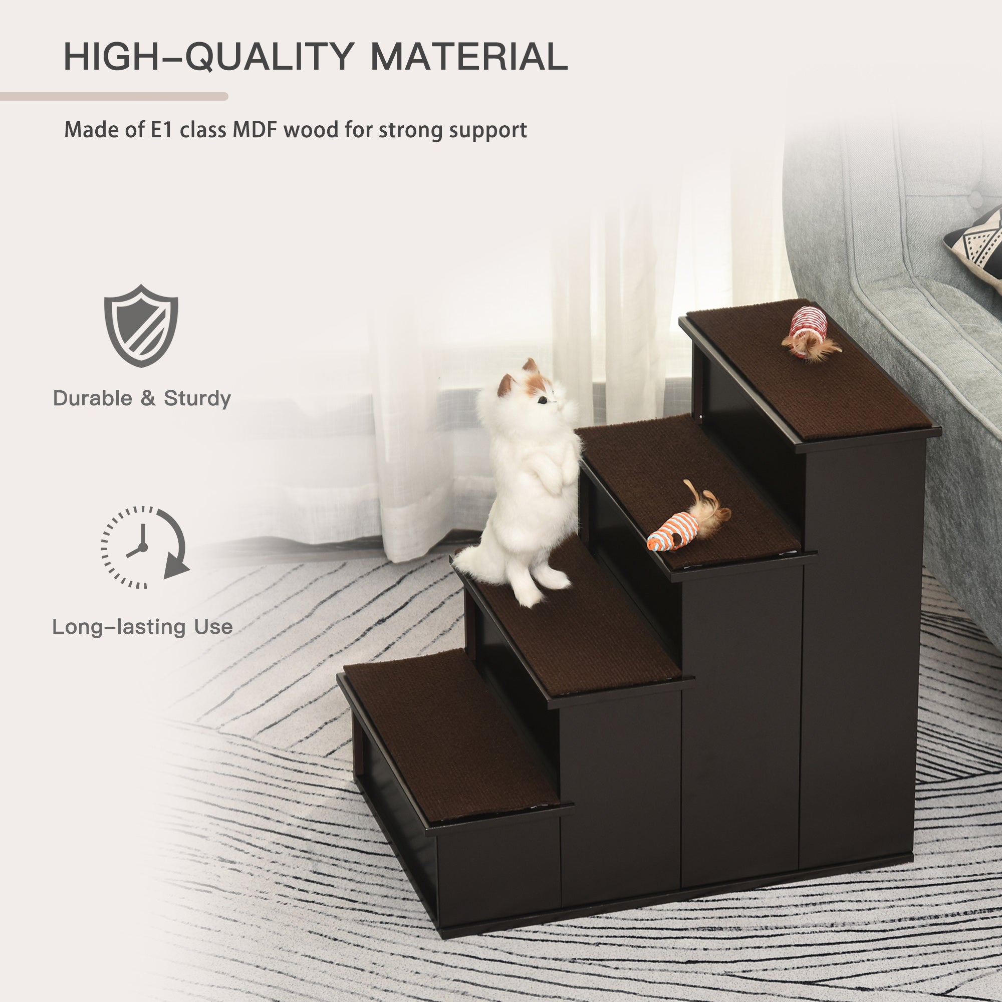 Dark brown pawhut 4 step wooden dog steps with non slip short plush carpet for pets with mobility issues made of e1 class mdf