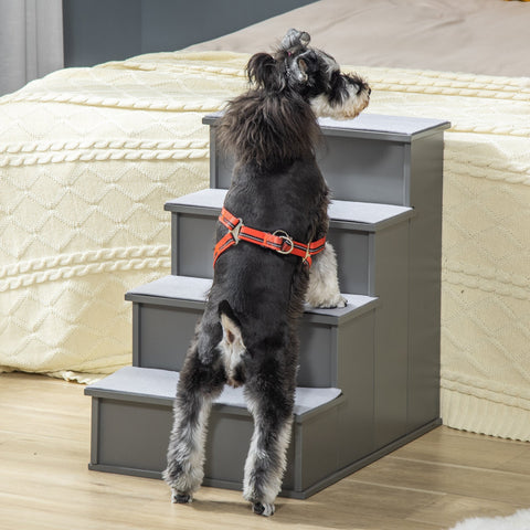 Gray pawhut 4 step wooden pet stairs with non slip carpet for dogs and cats with mobility issues and short plush legs