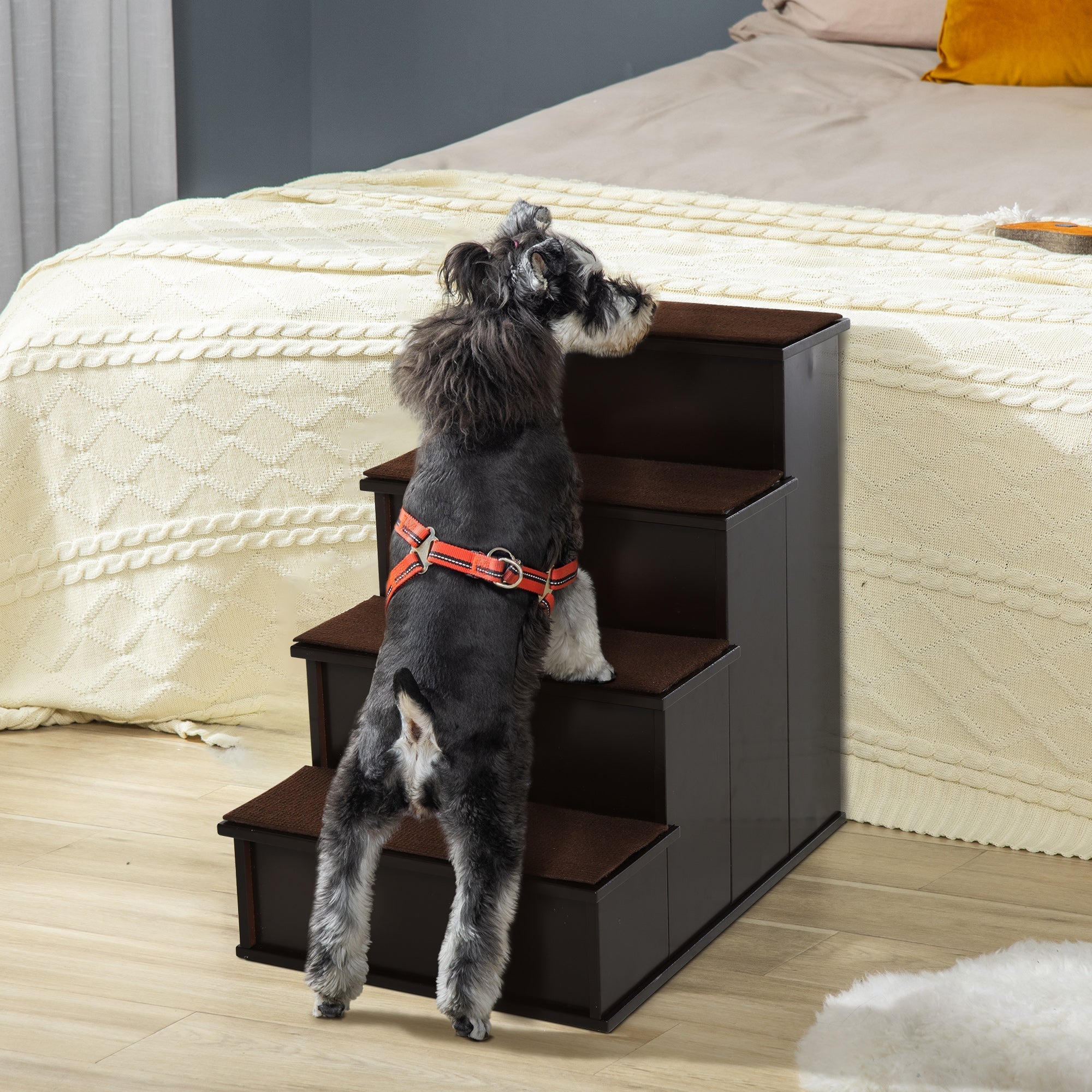 Dark brown wooden pet stairs with three steps and short plush carpet for dogs with mobility issues