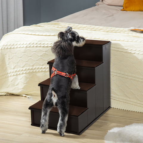 Dark brown wooden pet stairs with three steps and short plush carpet for dogs with mobility issues