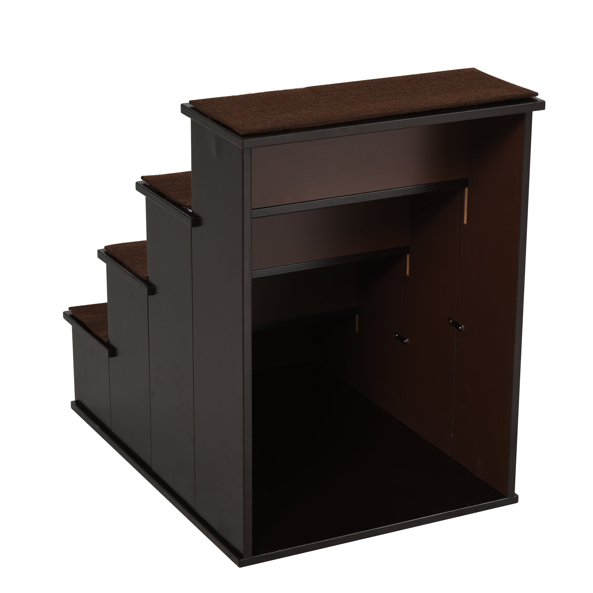 Dark brown wooden pawhut pet stairs with cushioned short plush steps and enclosed storage for pets with mobility issues