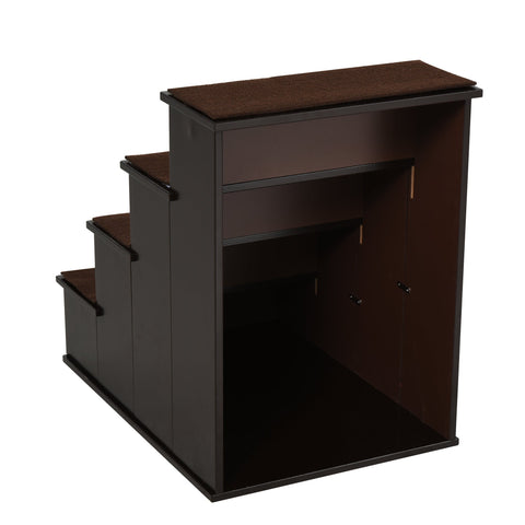 Dark brown wooden pawhut pet stairs with cushioned short plush steps and enclosed storage for pets with mobility issues