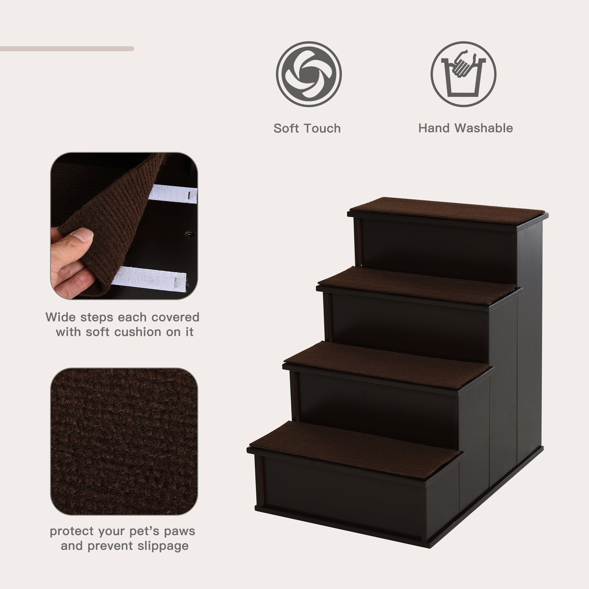 Dark brown pawhut 4 step wooden pet stairs with short plush hand washable fabric steps for pets with mobility issues