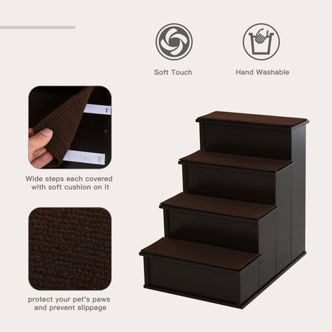 Dark brown pawhut 4 step wooden pet stairs with short plush hand washable fabric steps for pets with mobility issues
