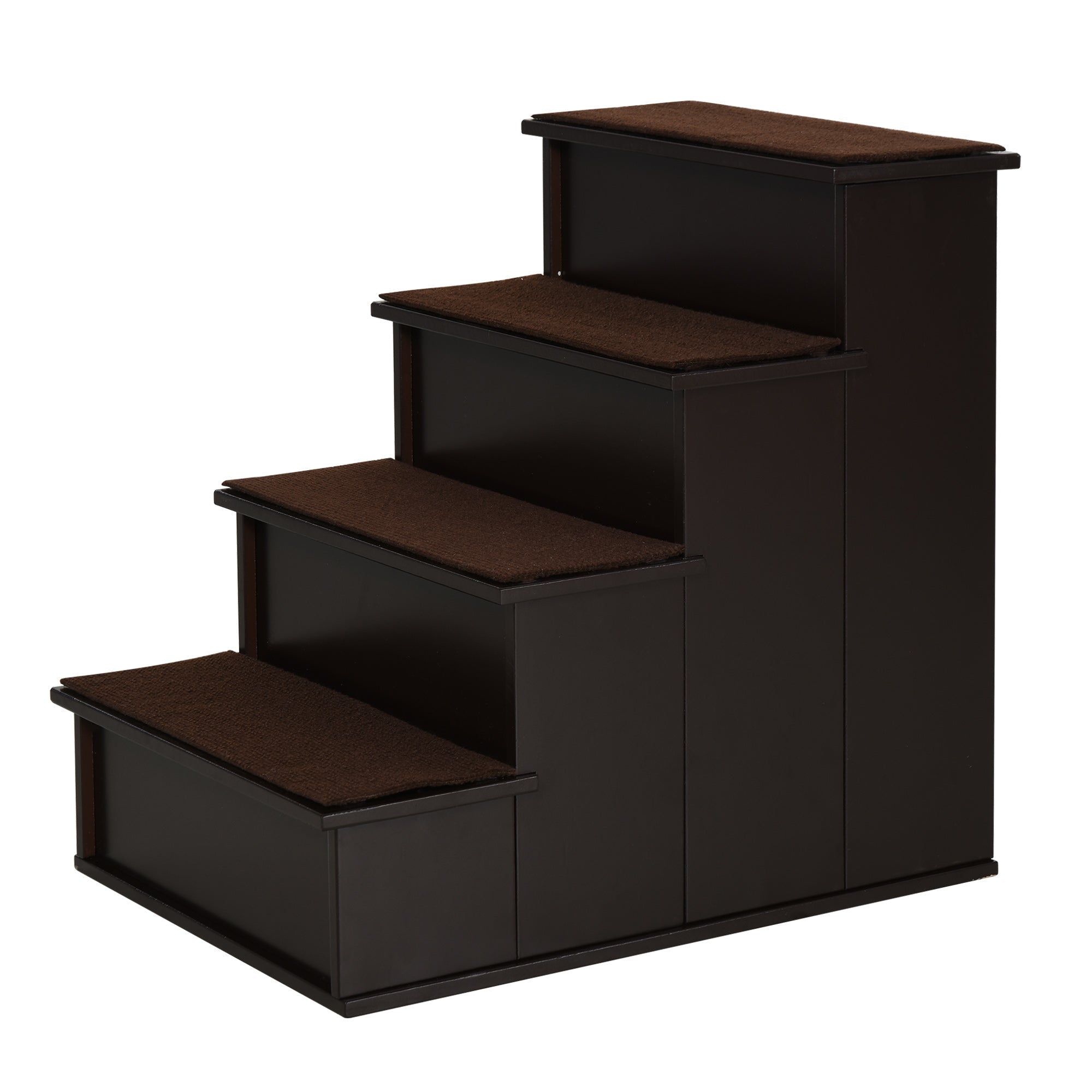 Dark brown wooden pawhut pet stairs with short plush cushioned steps for dogs and cats with mobility issues