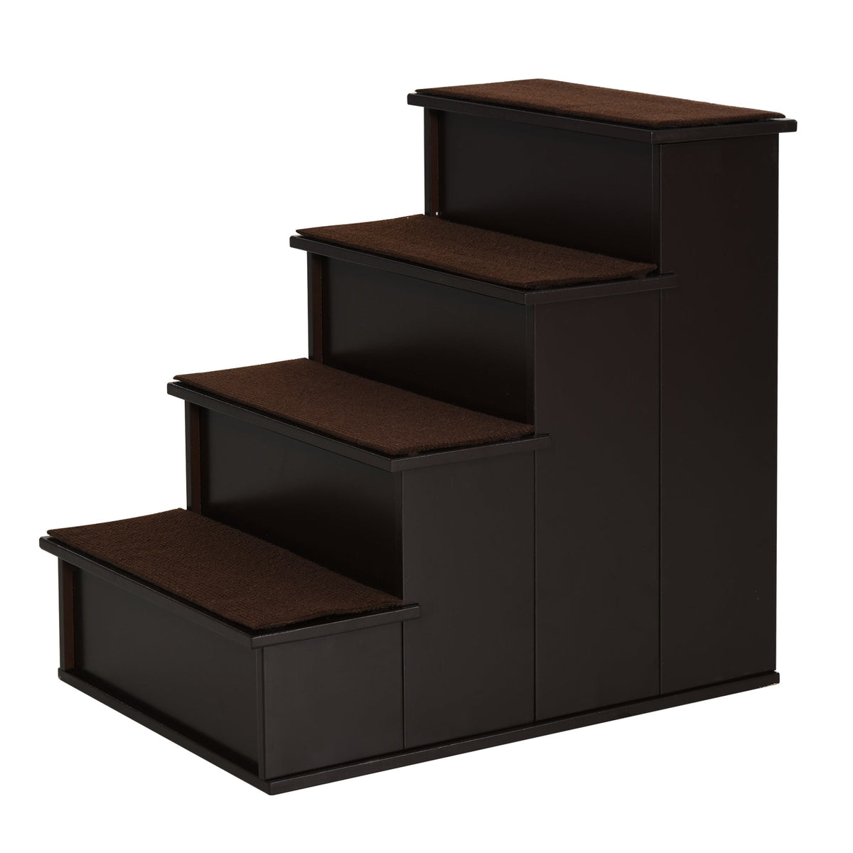Dark brown wooden pawhut pet stairs with short plush cushioned steps for dogs and cats with mobility issues