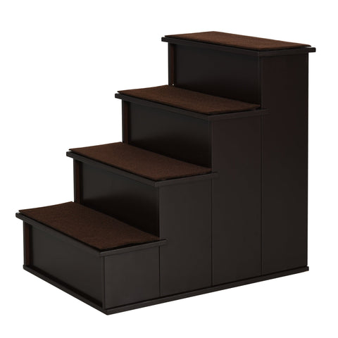 Dark brown wooden pawhut pet stairs with short plush cushioned steps for dogs and cats with mobility issues