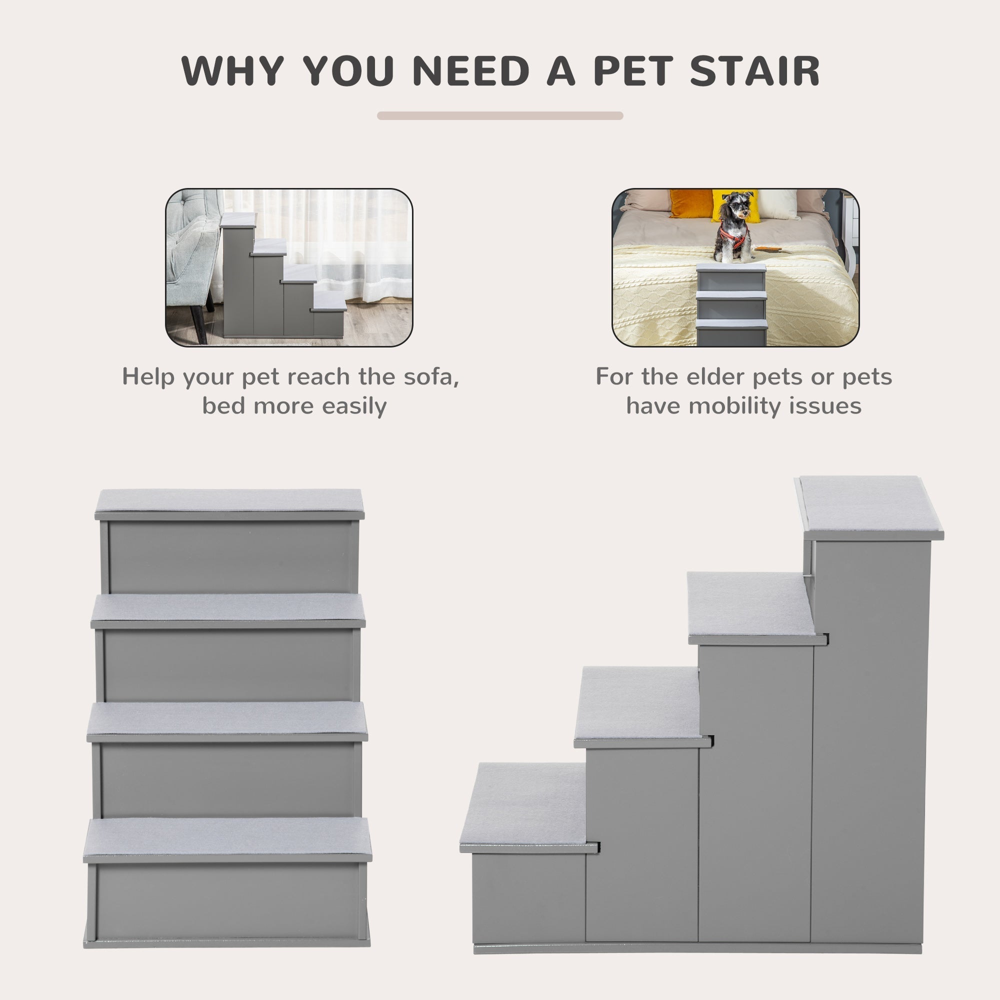 Pawhut gray wooden pet stairs with four steps and short plush non-slip carpet for dogs with mobility issues