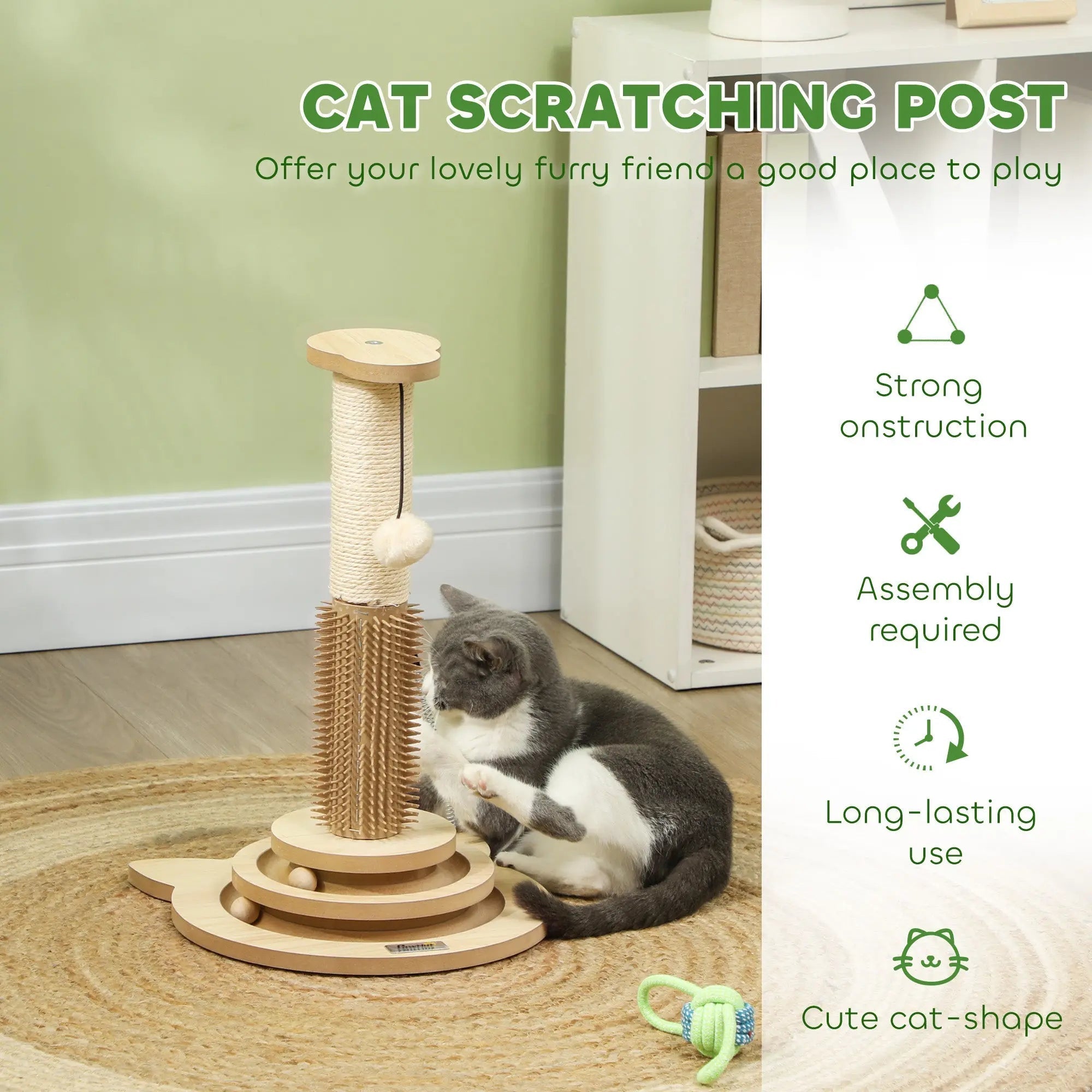 Pawhut 49cm 5 in 1 cat scratching post with beige sisal wrap and oak tone multi-tiered cat-shaped base 32w x 32dcm