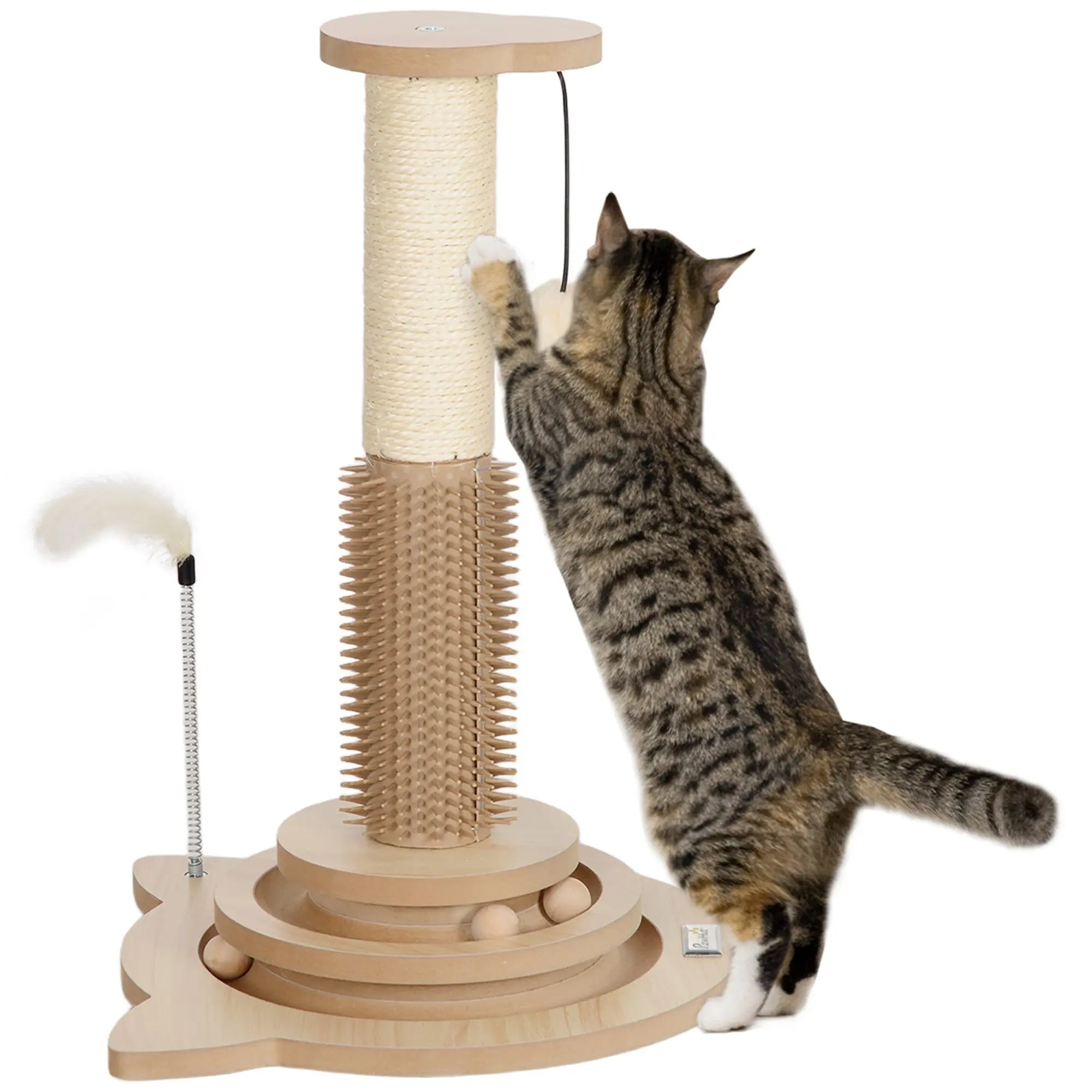 Beige wooden pawhut cat scratching post 49cm with sisal rope and textured bristle base for self grooming