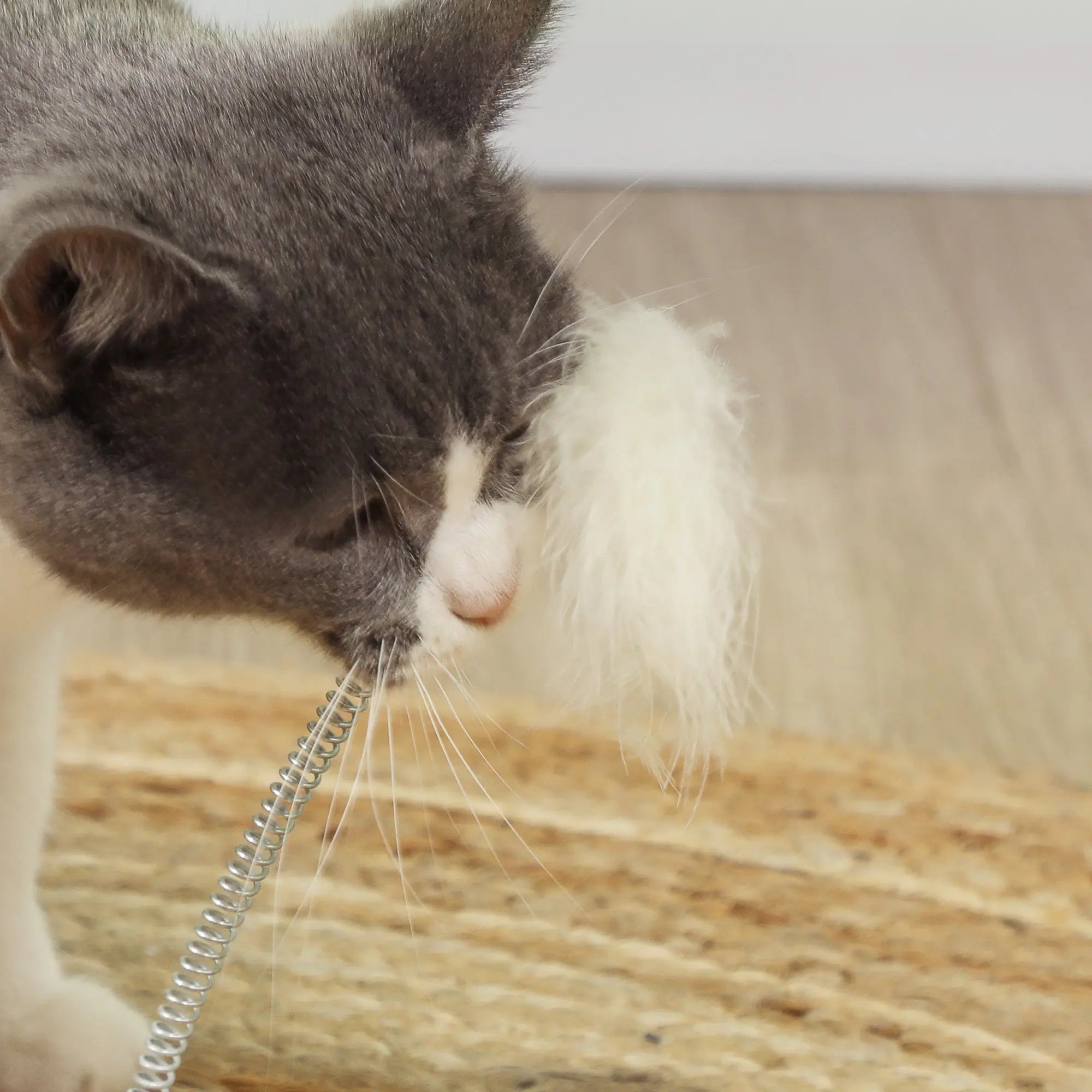 A silver coiled spring toy with a fluffy white end on a pawhut oak tone cat scratching post 32w x 32dcm