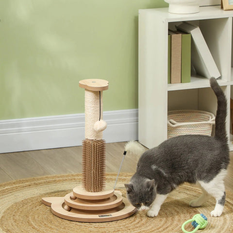A gray and white cat uses a 49cm oak tone cat scratching post with sisal rope and textured base pawhut 5 in 1 scratching post