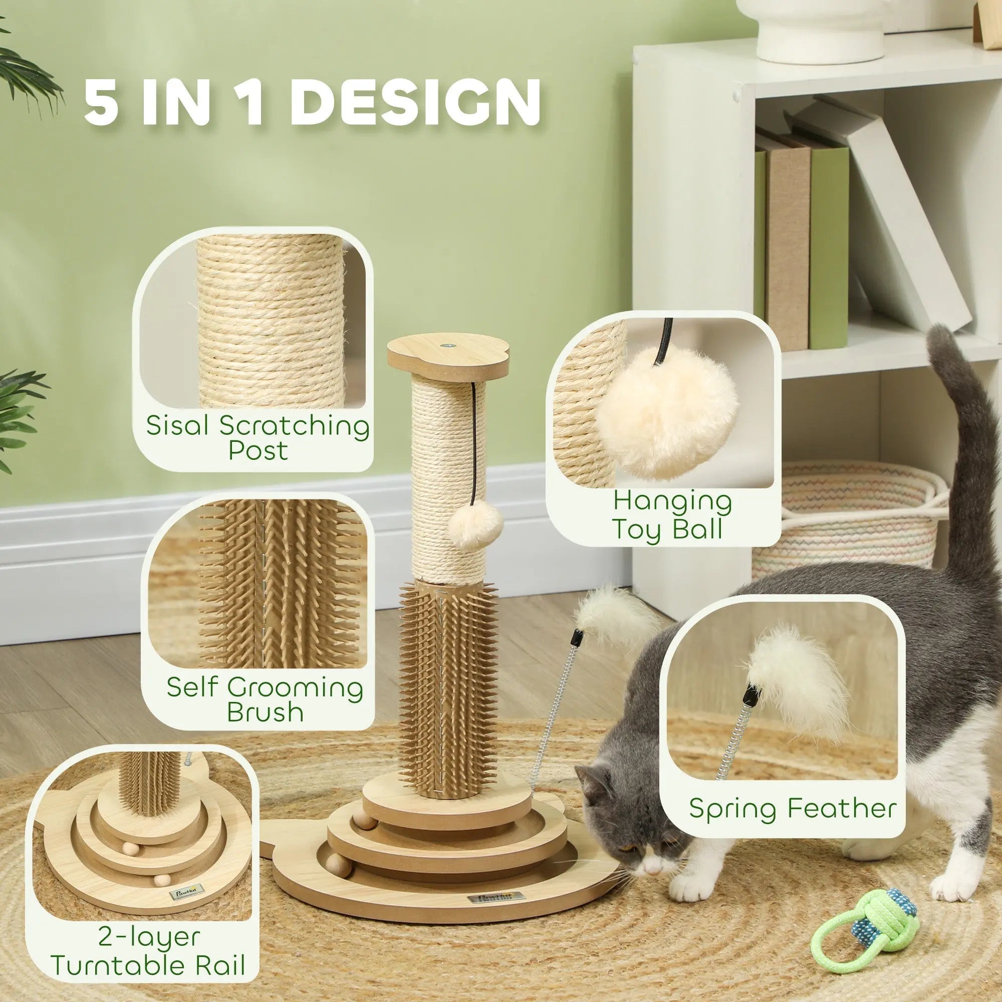 Pawhut 49cm oak tone wooden cat scratching post with sisal rope, self grooming brush, and hanging toy ball attachment