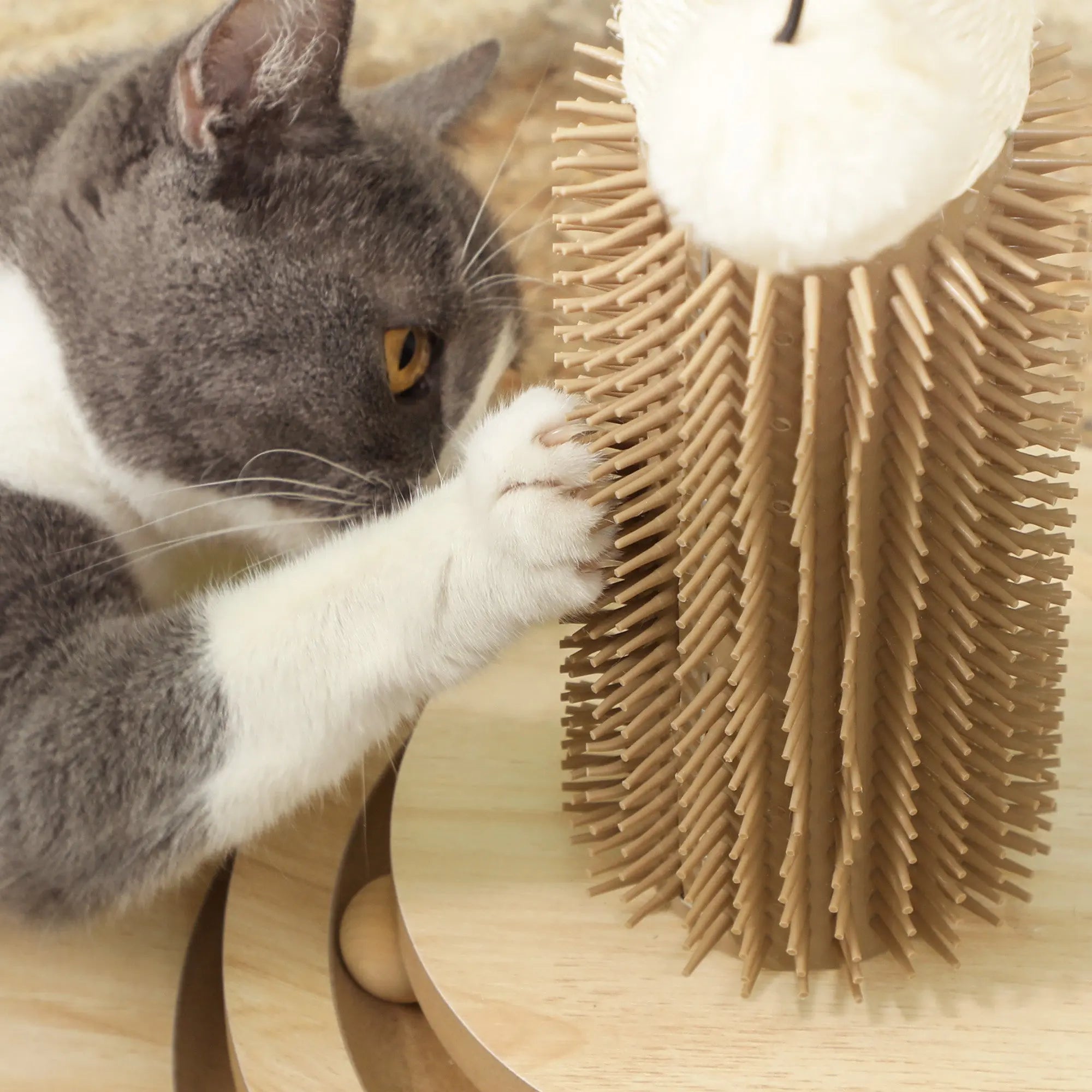 Beige pawhut cat scratching post with sisal, soft white top, and multiple toys for playful grooming 32w x 32dcm