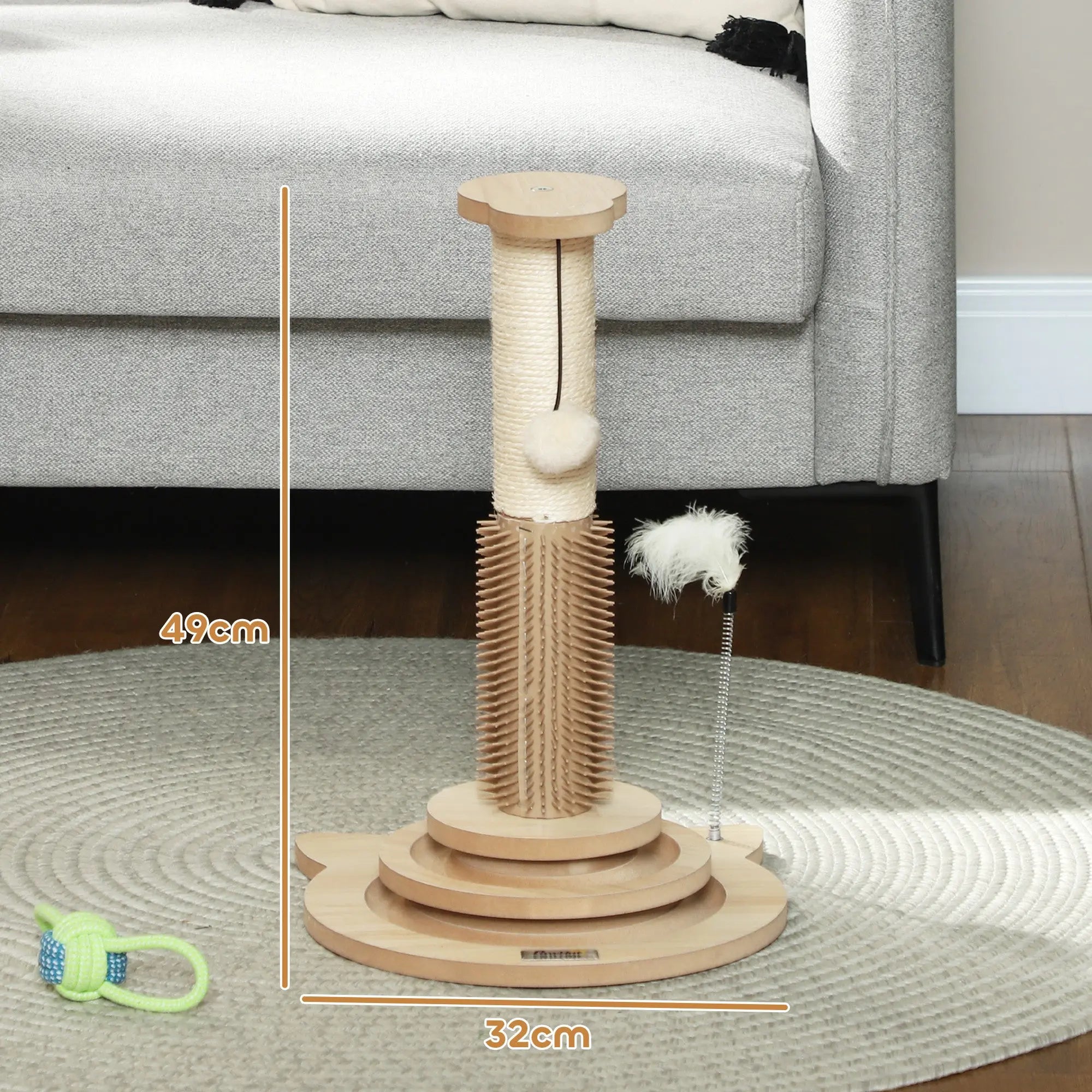 Pawhut 49cm light wood cat scratching post with sisal rope and soft white feather toy in oak tone 32w x 32dcm