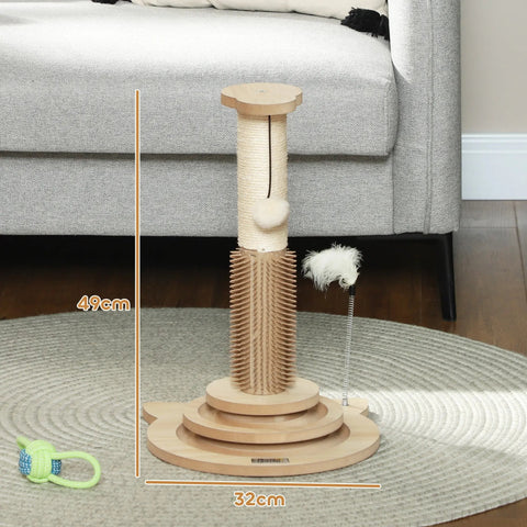 Pawhut 49cm light wood cat scratching post with sisal rope and soft white feather toy in oak tone 32w x 32dcm