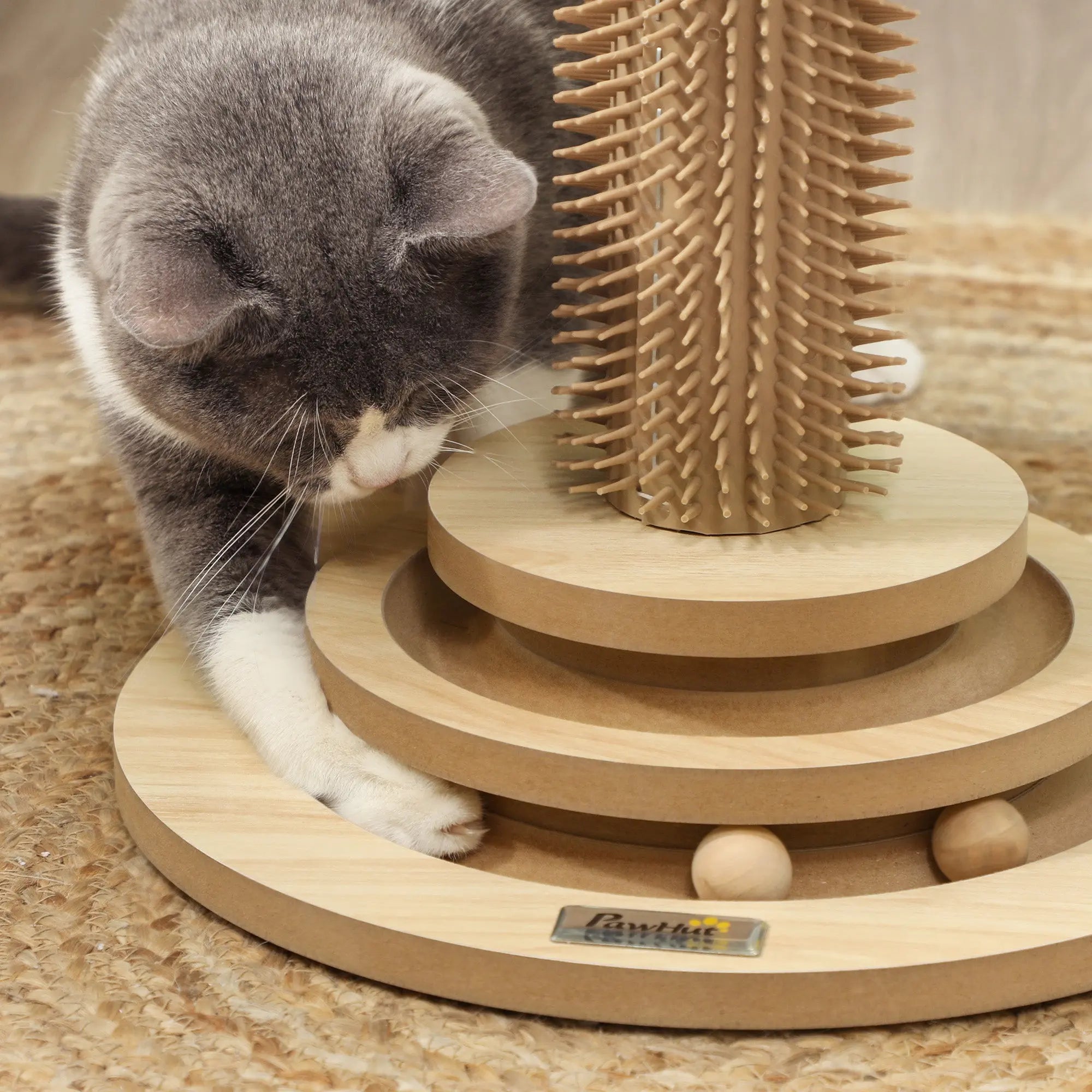 Light brown wooden pawhut cat scratching post with sisal post and track ball 32w x 32dcm for playful cats