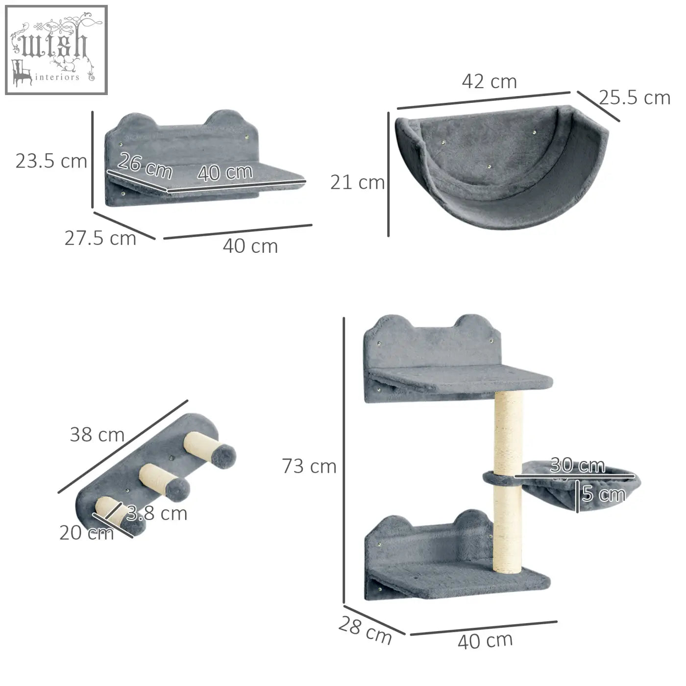 Gray pawhut wall-mounted cat shelves with scratching post cat nest and jumping platforms for active cats