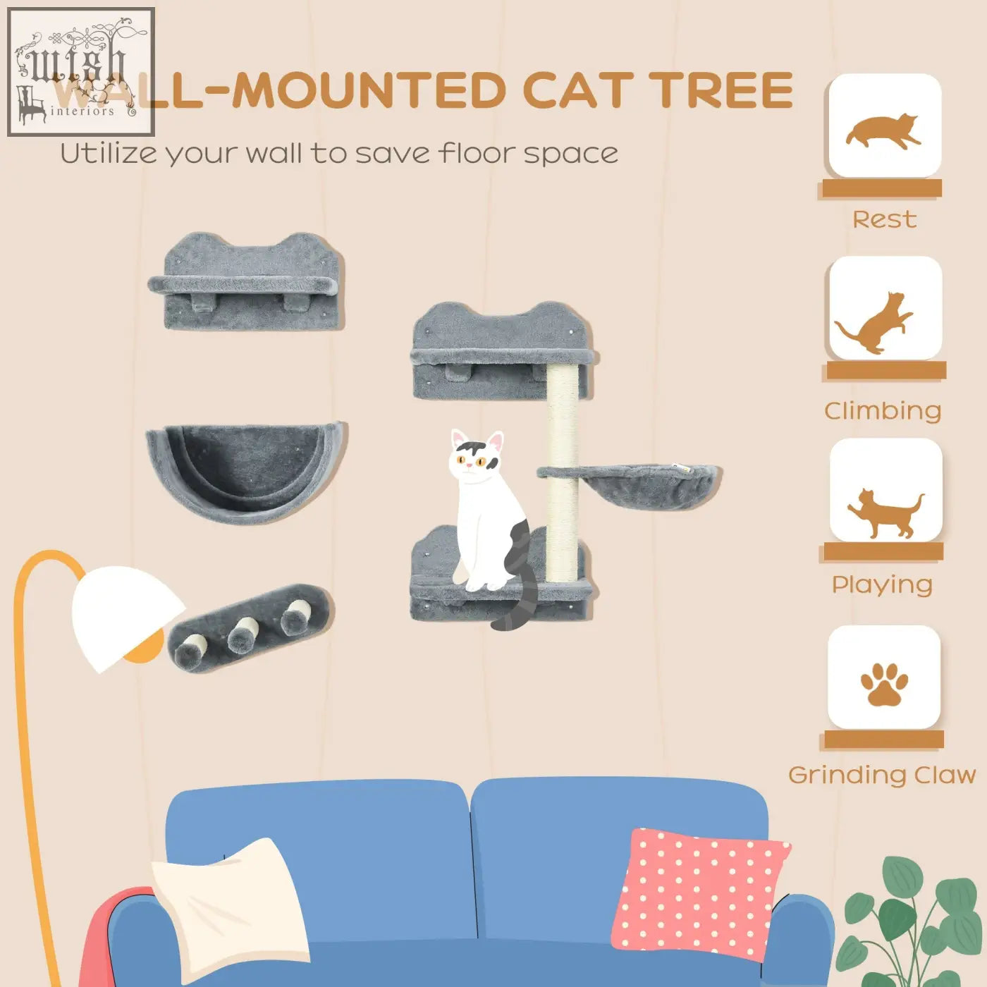 Gray pawhut wall-mounted cat tree with scratching post jumping platforms and cozy cat nest for climbing and playing