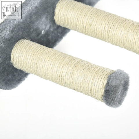 Gray pawhut scratching post with beige sisal rope and fuzzy caps part of wall-mounted cat nest jumping platforms set