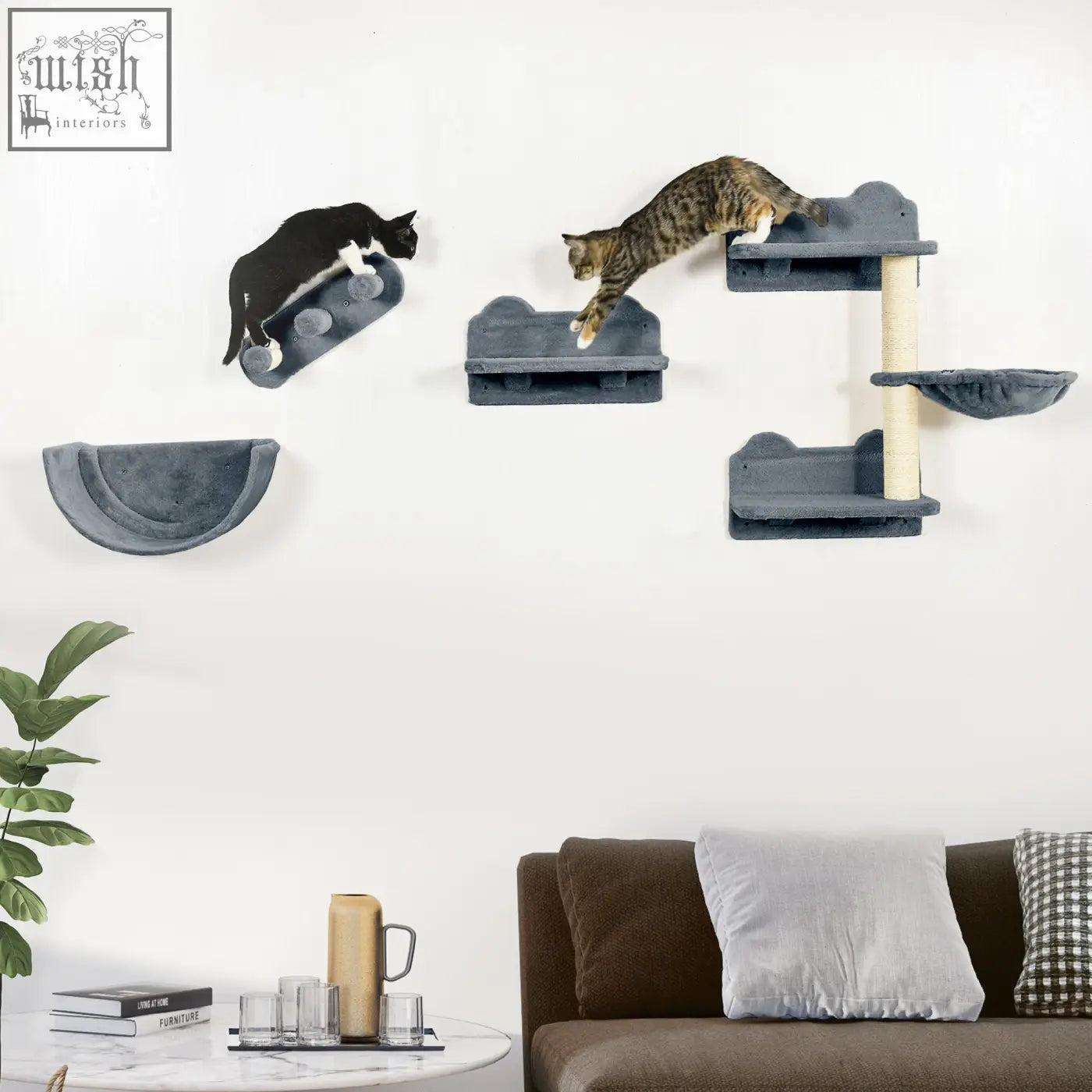 Gray pawhut wall-mounted cat tree with scratching post, cat nest, and jumping platforms for active cats