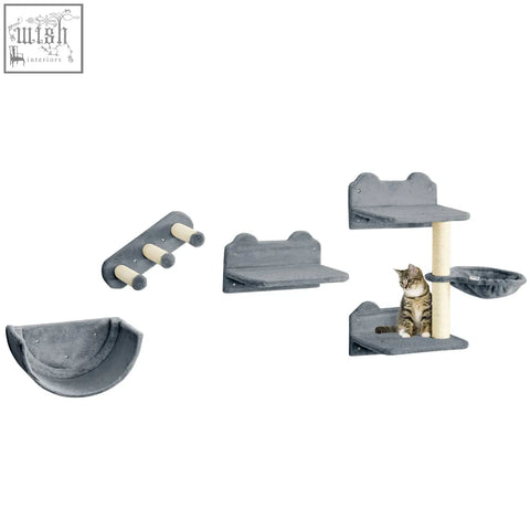 Gray pawhut wall-mounted cat shelves with beige scratching post, cat nest, hammock, and jumping platforms with tabby cat