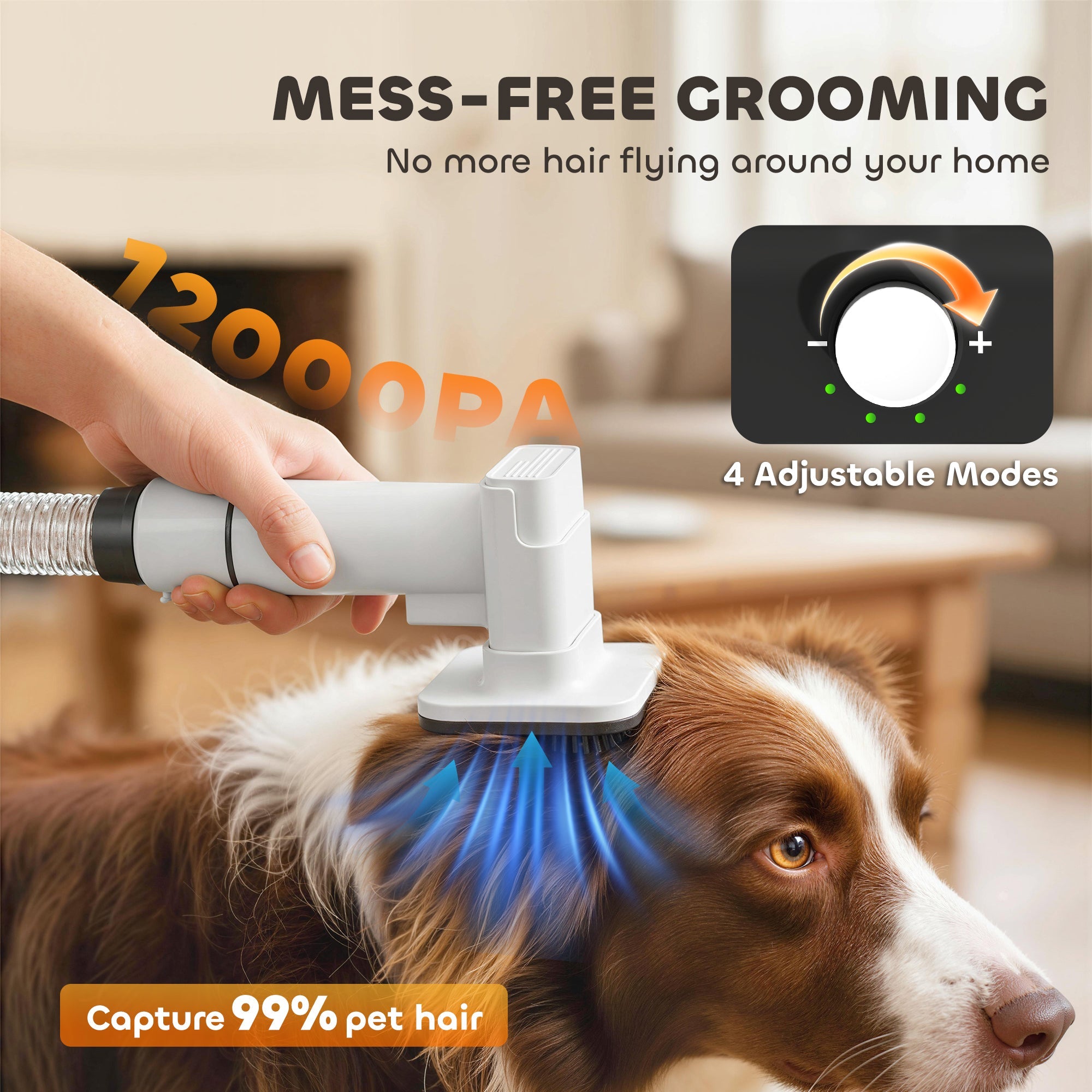 White handheld dog grooming vacuum with flexible hose, adjustable settings, and electric clipper power cord