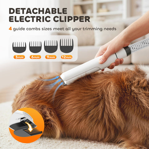 White detachable electric clipper with interchangeable guide combs for precise dog grooming with power cord