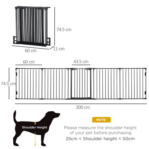 Pawhut black metal pet gate with vertical bars and walk through door used as pet playpen or room divider