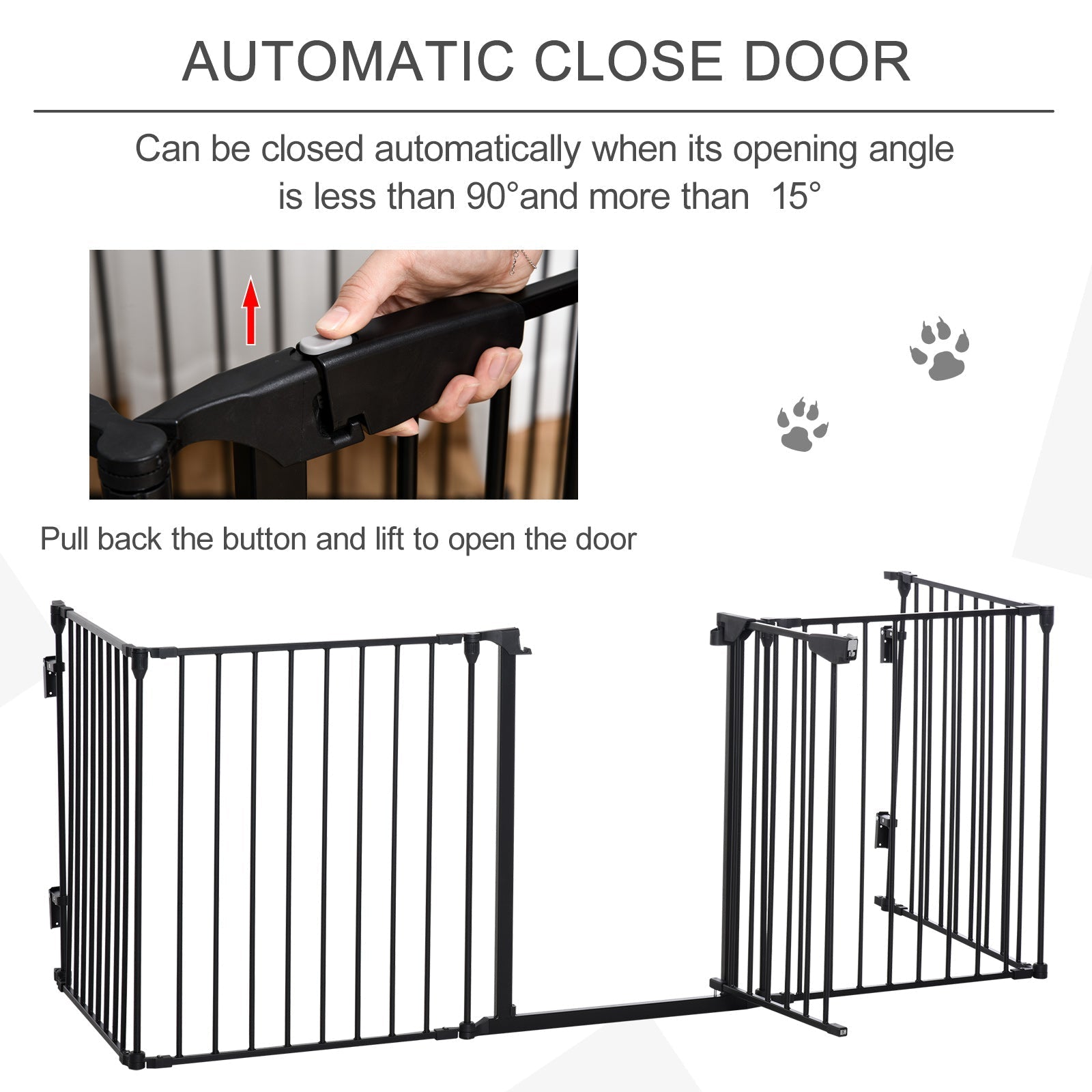 Black metal pet playpen with automatic close pet gate and handle perfect as a room divider or pet fence