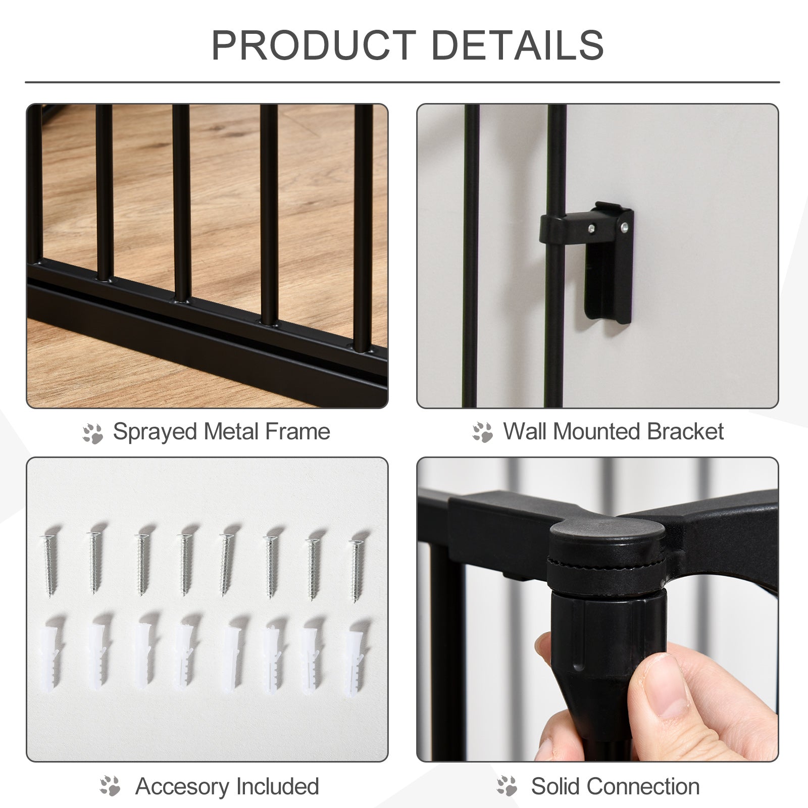 Black sprayed metal pet gate with wall-mounted bracket and solid joints for pawhut pet playpen room divider