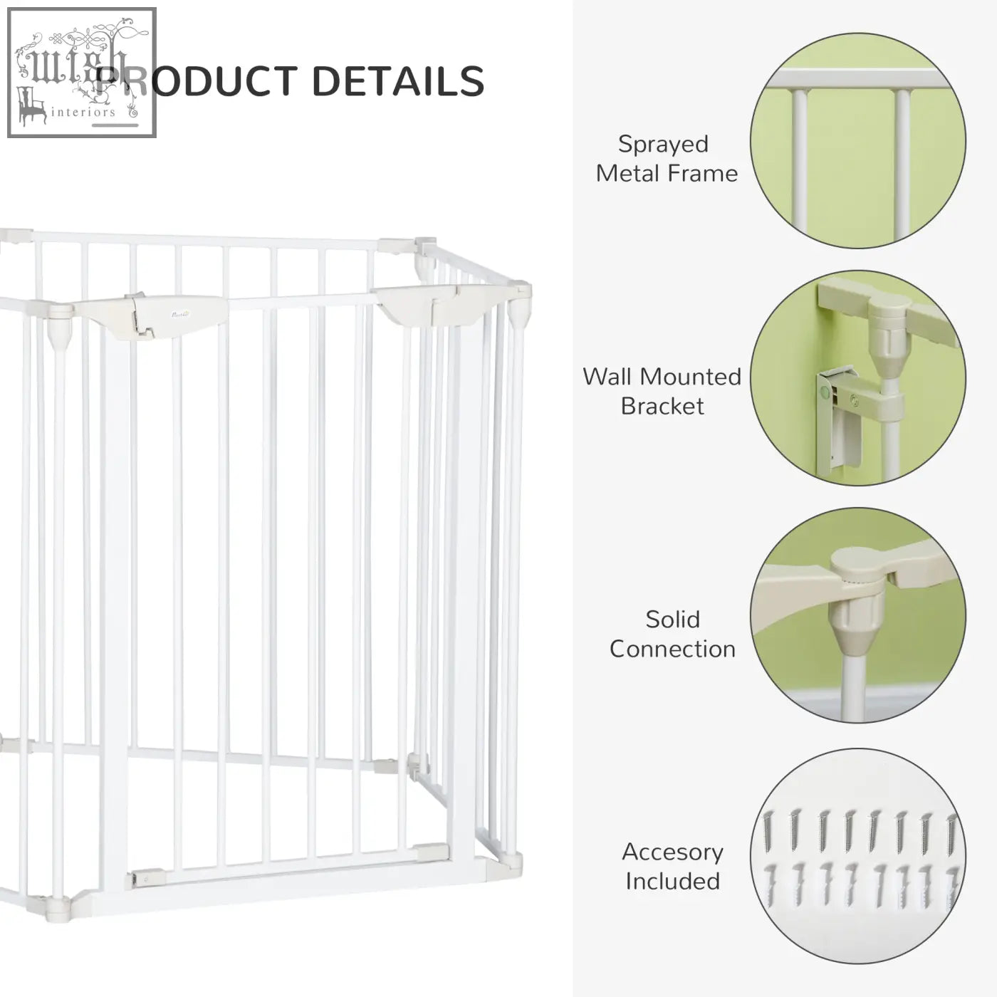 White metal pet playpen with 5 panels and wall-mounted bracket for secure connection and walk-through pet gate design