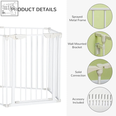 White metal pet playpen with 5 panels and wall-mounted bracket for secure connection and walk-through pet gate design