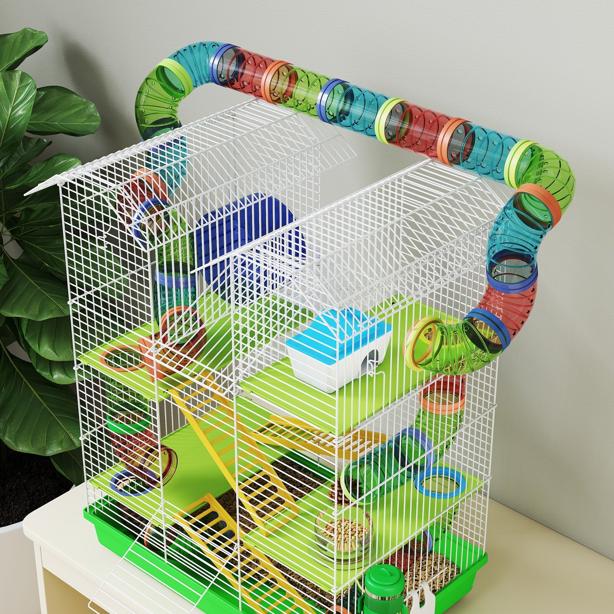 Pawhut hamster cage with multicolored plastic tunnels exercise wheels and water bottle for dwarf mice habitat