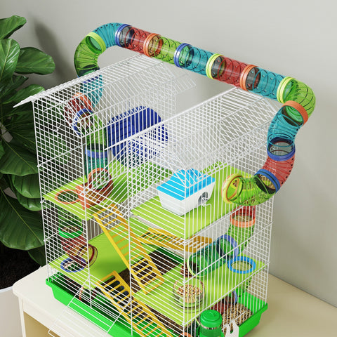 Pawhut hamster cage with multicolored plastic tunnels exercise wheels and water bottle for dwarf mice habitat