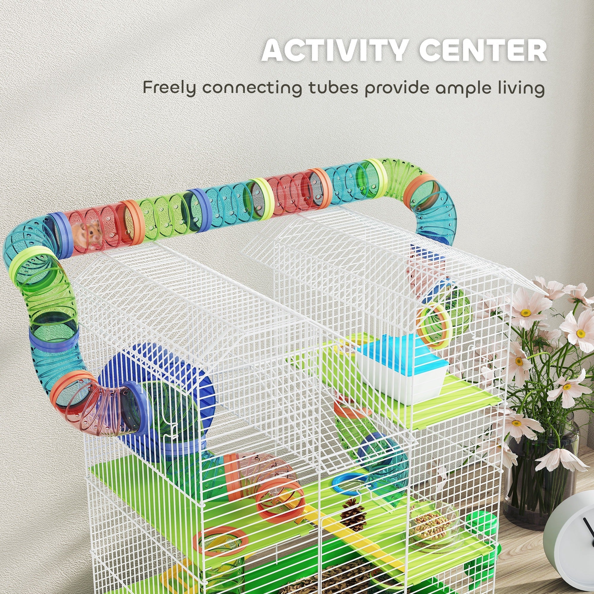 Colorful translucent rainbow tubes connect the green pawhut 5 tier hamster cage with exercise wheels and water bottle