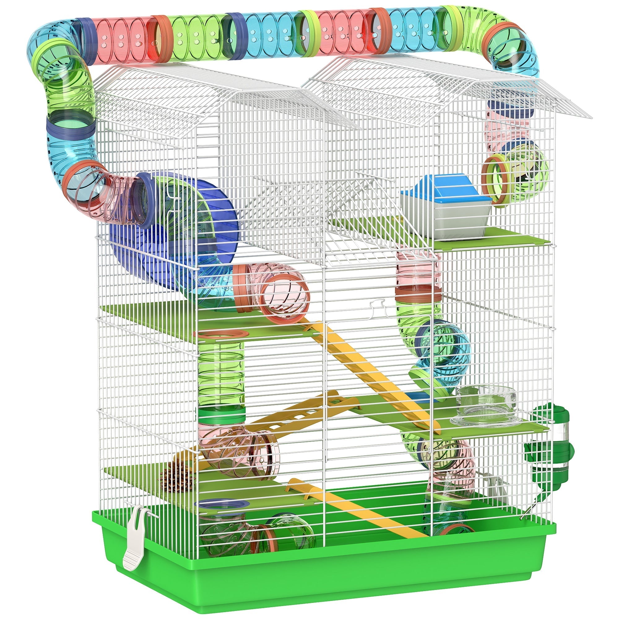 Colorful pawhut 5 tier hamster cage with rainbow tubes exercise wheels water bottle and ladder for dwarf mice