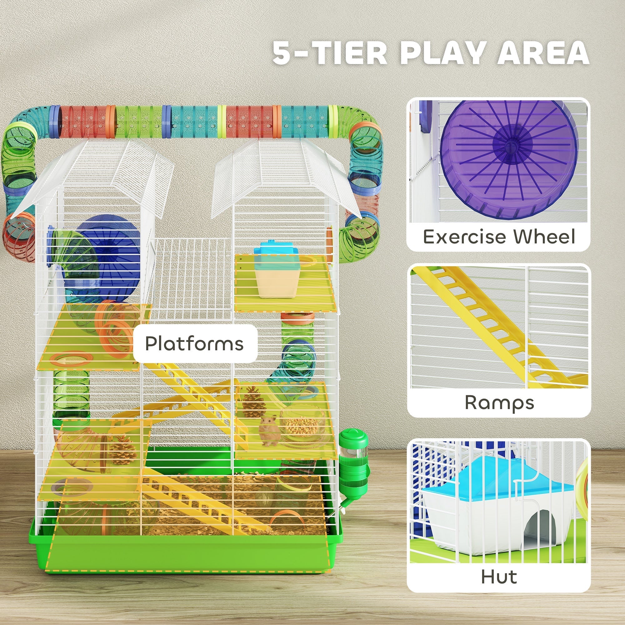 Colorful green pawhut 5 tier hamster cage with transparent tubes yellow ramps exercise wheels and water bottle